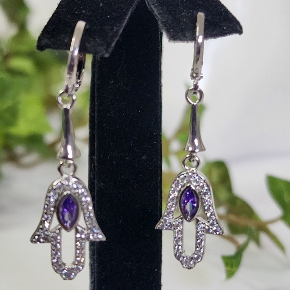 Silver Steel with Purple / Clear Zirconia Hamsa Hand Huggie Hoop Earrings - Picture 3 of 7